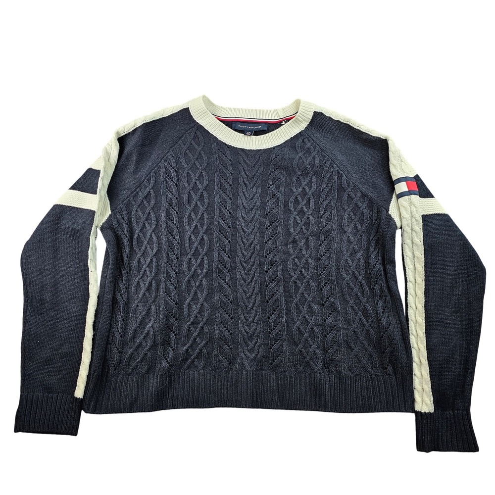 Tommy Hilfiger Sweater Women L Navy White Cable Knit Striped Varsity Long Sleeve